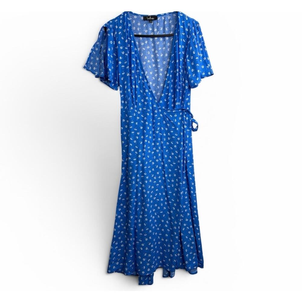 Lulu's Maretta Blue Floral Wrap Midi Dress - Size Small - Picture 4 of 10